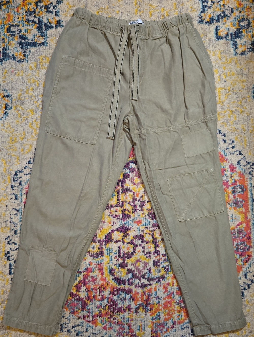 Zara Linen Blend Patchwork Cargo Pants Olive Green Size 6